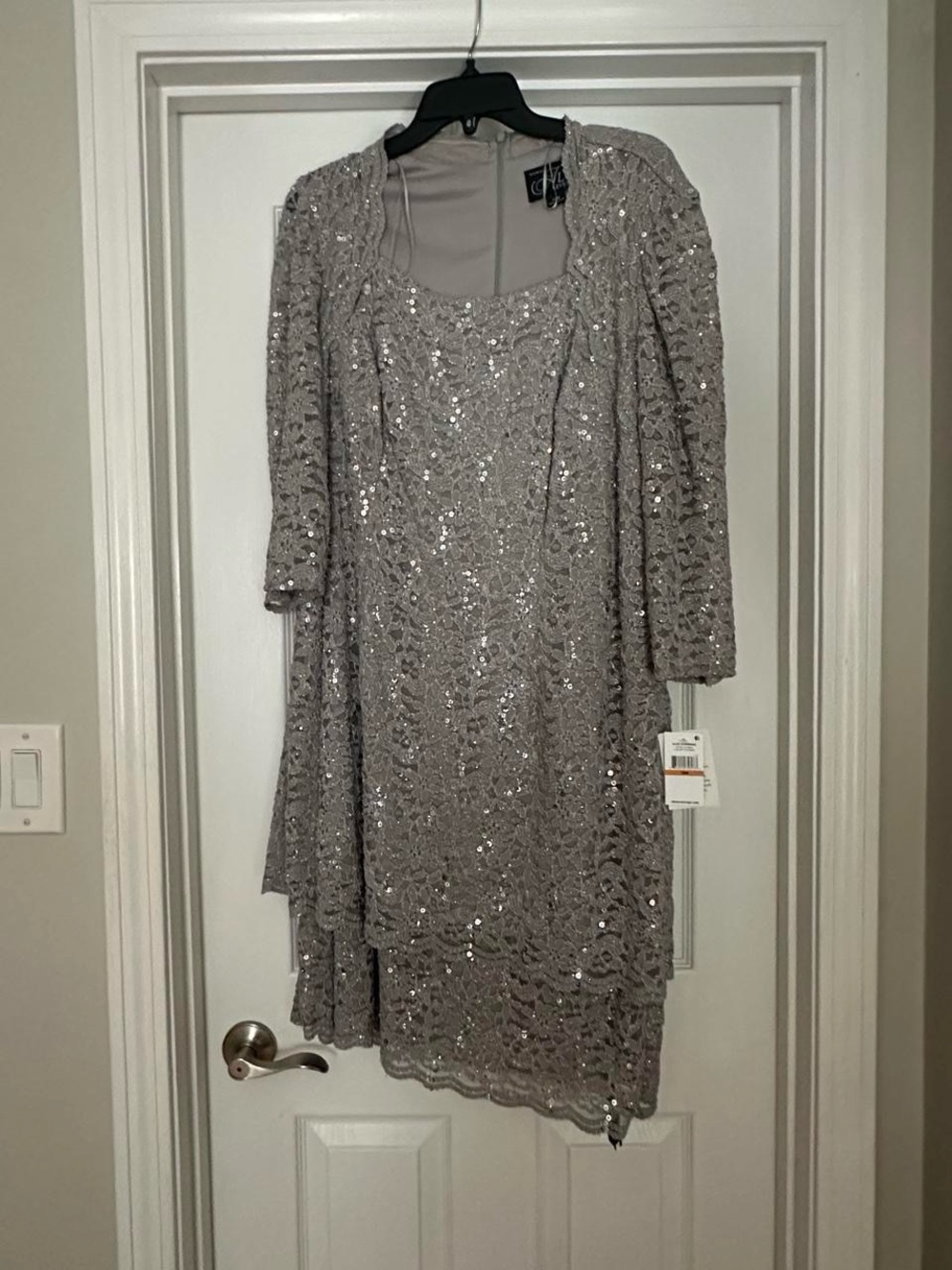 Alex Evenings Silver Sequin Lace Cocktail Dress no jacket just long sleeves